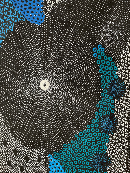 #101 Water Dreaming - Ngapa (Blue)- JANET LONG NAKAMARRA: Aboriginal Art: 90x138cm