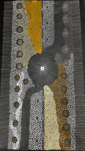 #353 Water Dreaming - Ngapa (Yellow)- JANET LONG NAKAMARRA: Aboriginal Art: 88x160cm