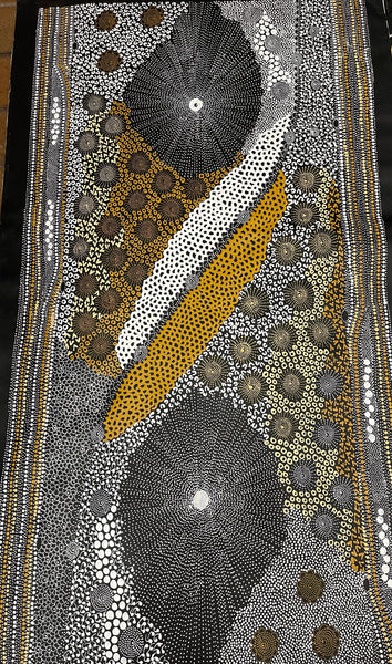 #250 Water Dreaming - Ngapa (Yellow)- JANET LONG NAKAMARRA: Aboriginal Art: 88x160cm