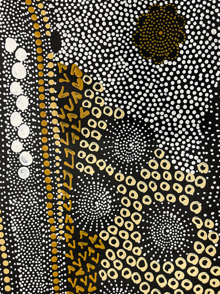 #250 Water Dreaming - Ngapa (Yellow)- JANET LONG NAKAMARRA: Aboriginal Art: 88x160cm