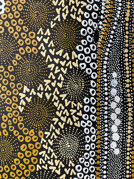 #250 Water Dreaming - Ngapa (Yellow)- JANET LONG NAKAMARRA: Aboriginal Art: 88x160cm