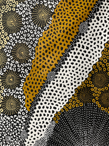 #250 Water Dreaming - Ngapa (Yellow)- JANET LONG NAKAMARRA: Aboriginal Art: 88x160cm