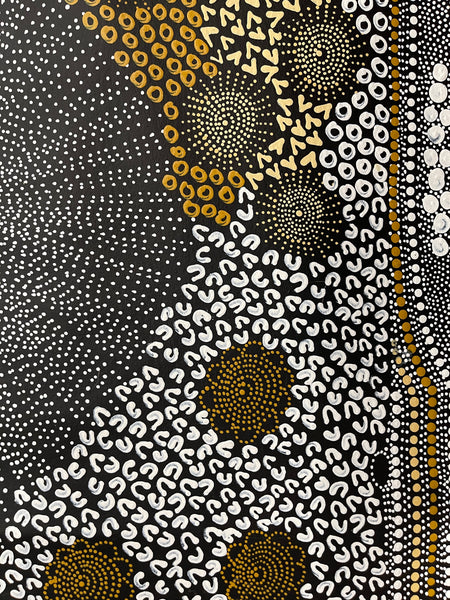 #250 Water Dreaming - Ngapa (Yellow)- JANET LONG NAKAMARRA: Aboriginal Art: 88x160cm