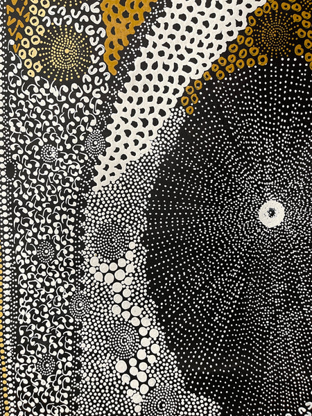 #250 Water Dreaming - Ngapa (Yellow)- JANET LONG NAKAMARRA: Aboriginal Art: 88x160cm