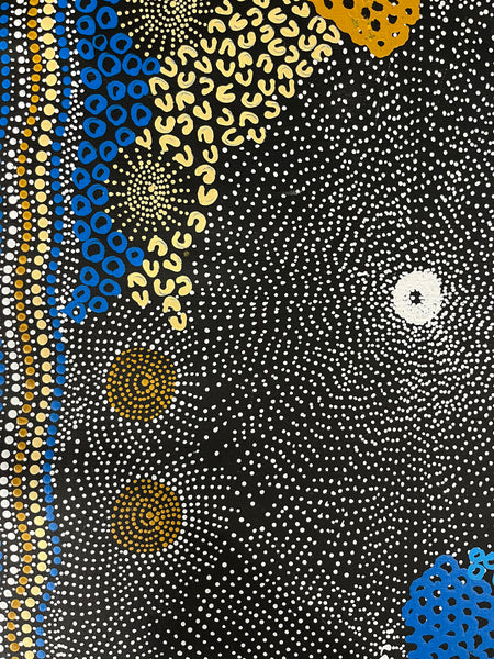 #348 Water Dreaming Ngapa (Earth/Blue) JANET LONG NAKAMARRA Aboriginal Art:  55cm x 112cm