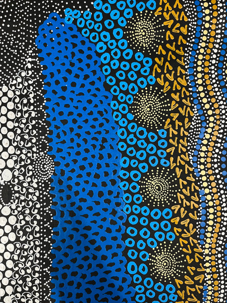 #348 Water Dreaming Ngapa (Earth/Blue) JANET LONG NAKAMARRA Aboriginal Art:  55cm x 112cm