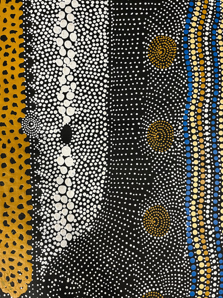 #348 Water Dreaming Ngapa (Earth/Blue) JANET LONG NAKAMARRA Aboriginal Art:  55cm x 112cm