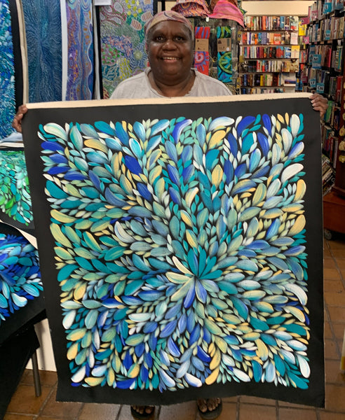 #163 LOUISE NUMINA- Bush Medicine Leaves (Blues) Aboriginal Art:  88cm x 98xm