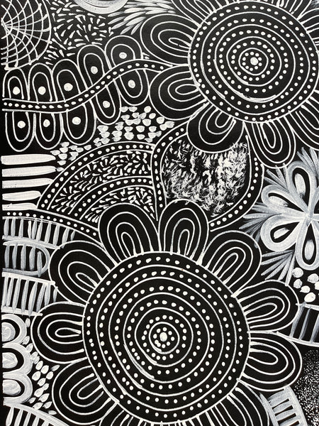 #10 Women Collecting Bush Flowers (Black/White)- SELINA NUMINA : Aboriginal Art: 89x200cm