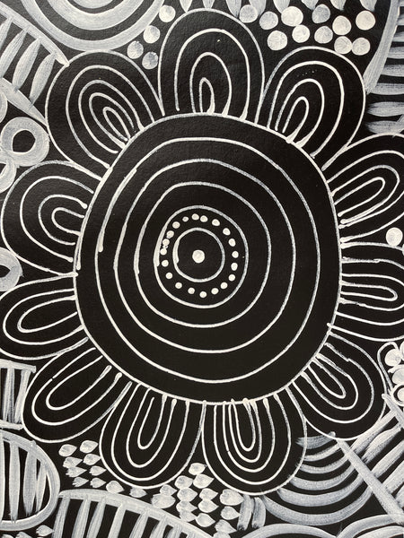 #10 Women Collecting Bush Flowers (Black/White)- SELINA NUMINA : Aboriginal Art: 89x200cm