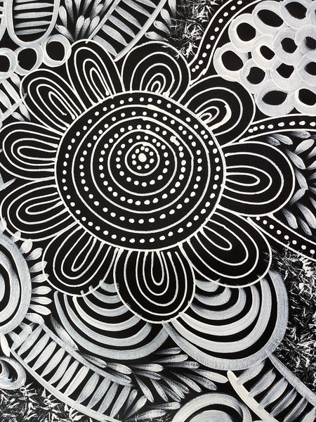 #19 Women Collecting Bush Flowers (Black/White)- SELINA NUMINA : Aboriginal Art: 93x151cm