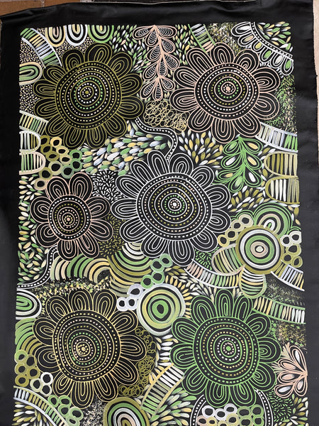 #372 Women Collecting Bush Flowers (Greens)- SELINA NUMINA : Aboriginal Art: 131x91cm