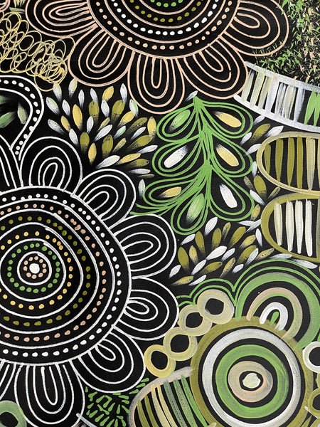 #372 Women Collecting Bush Flowers (Greens)- SELINA NUMINA : Aboriginal Art: 131x91cm