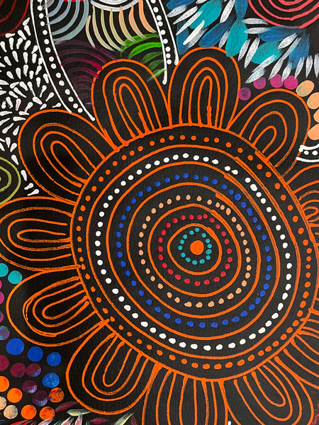 #311 Women Collecting Bush Flowers (Multi)- SELINA NUMINA : Aboriginal Art: 84x197cm