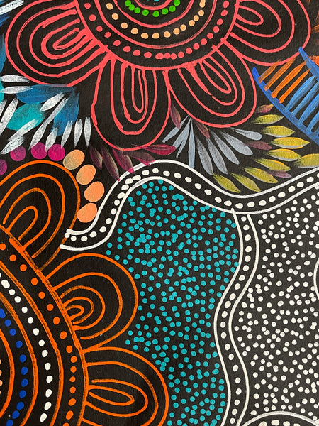 #311 Women Collecting Bush Flowers (Multi)- SELINA NUMINA : Aboriginal Art: 84x197cm