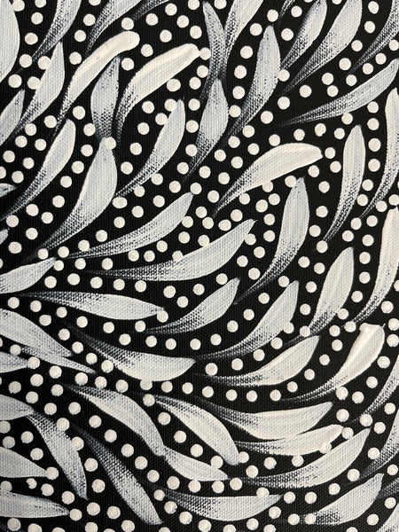 #204 Bush Medicine Leaves and Seeds (White) - CAROLINE NUMINA Aboriginal Art:  54cm x 39cm