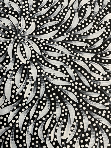 #204 Bush Medicine Leaves and Seeds (White) - CAROLINE NUMINA Aboriginal Art:  54cm x 39cm