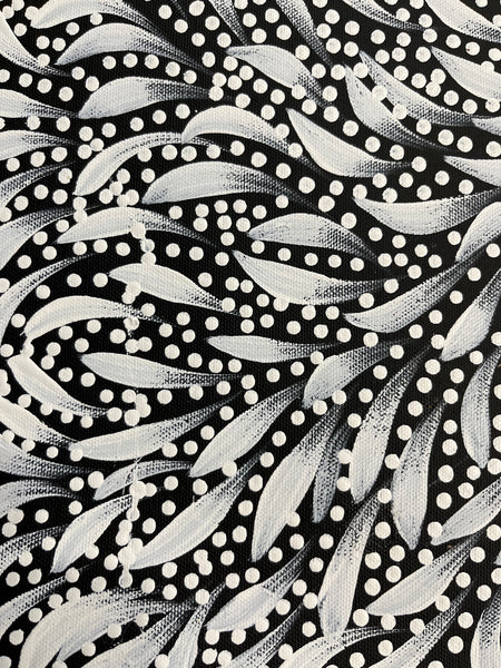 #204 Bush Medicine Leaves and Seeds (White) - CAROLINE NUMINA Aboriginal Art:  54cm x 39cm