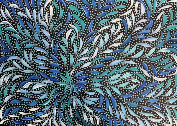 #194 Bush Medicine Leaves and Seeds (Blue) - CAROLINE NUMINA Aboriginal Art: 54cm x 39cm