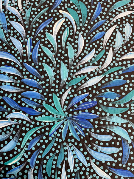 #194 Bush Medicine Leaves and Seeds (Blue) - CAROLINE NUMINA Aboriginal Art: 54cm x 39cm