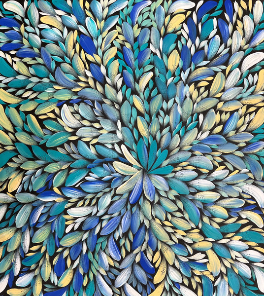 #163 LOUISE NUMINA- Bush Medicine Leaves (Blues) Aboriginal Art:  88cm x 98cm