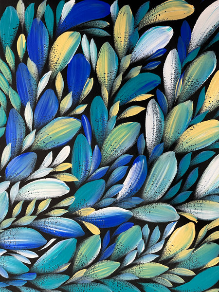#163 LOUISE NUMINA- Bush Medicine Leaves (Blues) Aboriginal Art:  88cm x 98cm