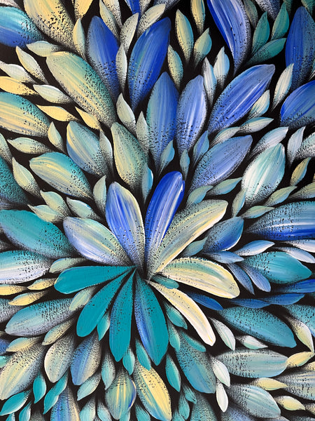 #163 LOUISE NUMINA- Bush Medicine Leaves (Blues) Aboriginal Art:  88cm x 98cm