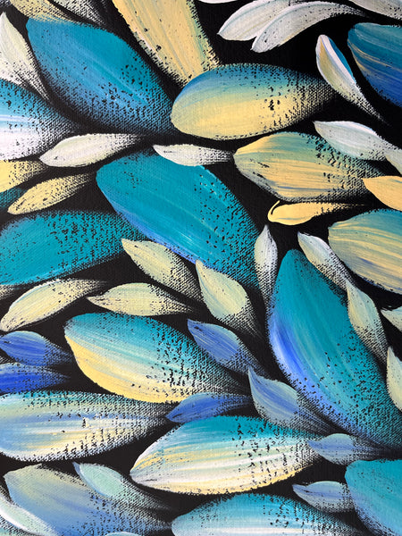 #163 LOUISE NUMINA- Bush Medicine Leaves (Blues) Aboriginal Art:  88cm x 98cm