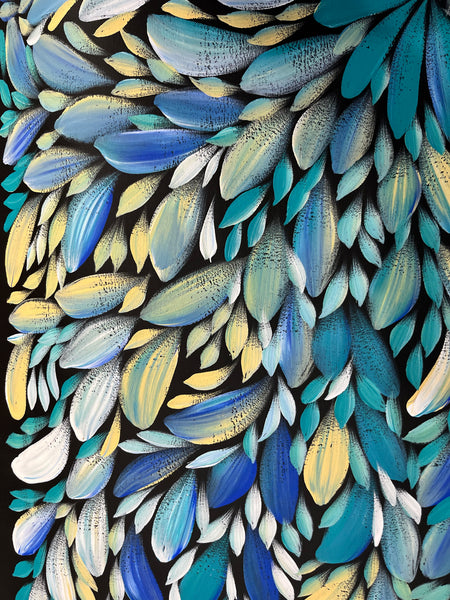 #163 LOUISE NUMINA- Bush Medicine Leaves (Blues) Aboriginal Art:  88cm x 98cm