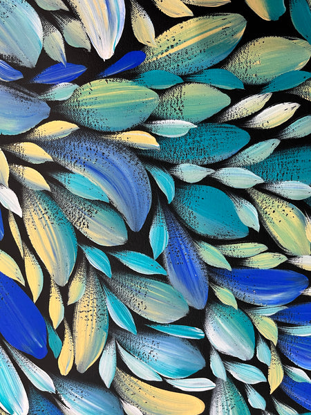 #163 LOUISE NUMINA- Bush Medicine Leaves (Blues) Aboriginal Art:  88cm x 98cm