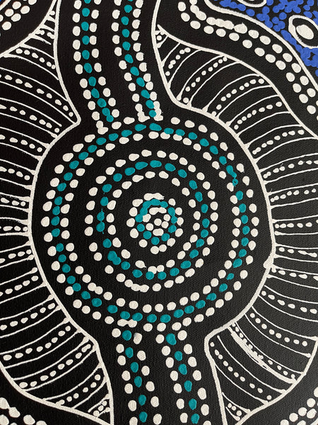 #380 Emu Dreaming (Blues) - SHARON NUMINA : Aboriginal Art: 150x40cm