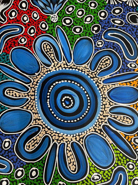 #176 My Country Dreaming (Multi/Blue) - SHARON NUMINA : Aboriginal Art: 90x90cm