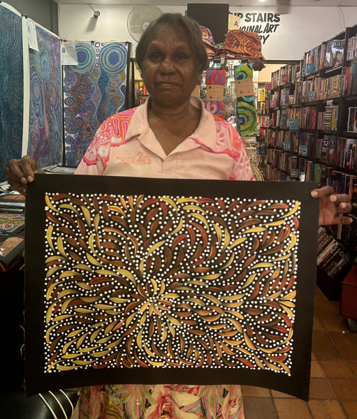 #166 Bush Medicine Leaves and Seeds (Earth) - CAROLINE NUMINA Aboriginal Art:  54cm x 39cm
