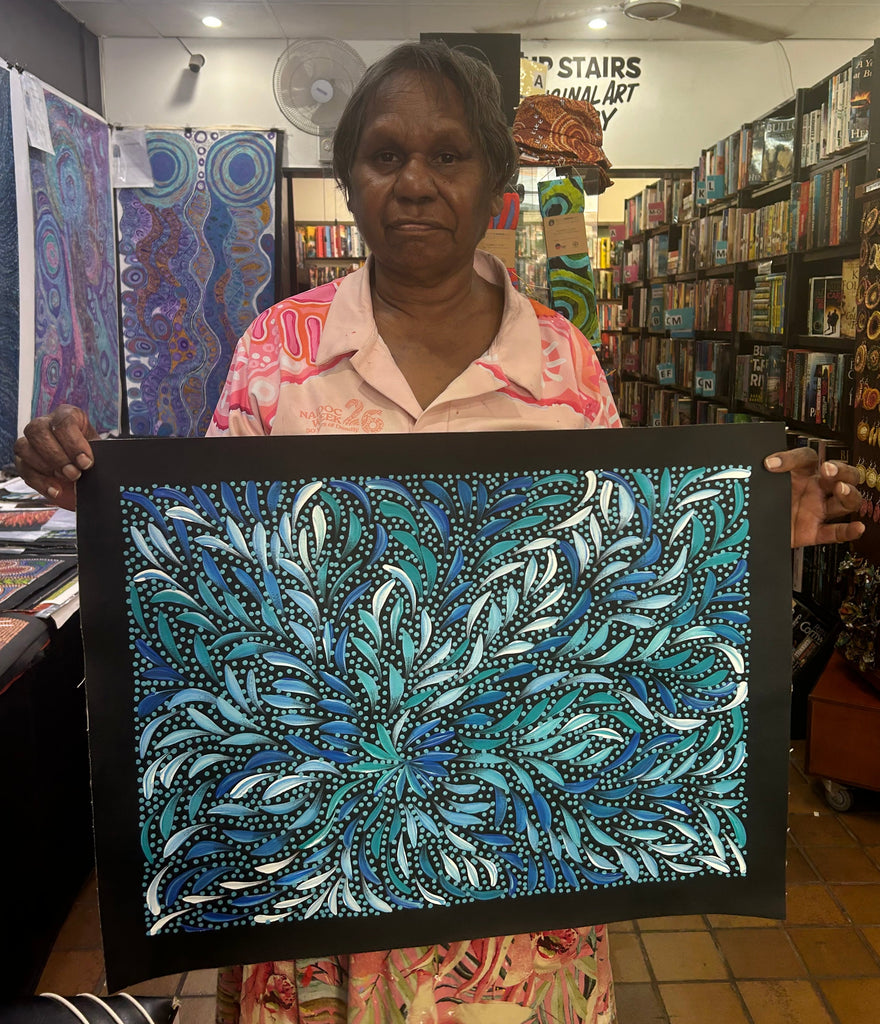 #194 Bush Medicine Leaves and Seeds (Blue) - CAROLINE NUMINA Aboriginal Art: 54cm x 39cm