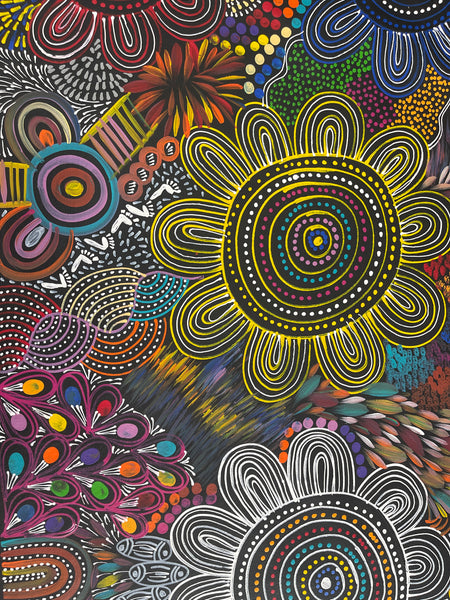 #81 Women Collecting Bush Medicine Leaves & Tucker (Multi)- SELINA NUMINA : Aboriginal Art: 70x200cm