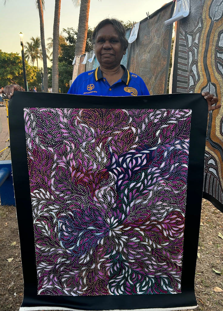 #78 Bush Medicine Leaves & Seeds (Magenta) - CAROLINE NUMINA Aboriginal Art:  73cm x 93cm