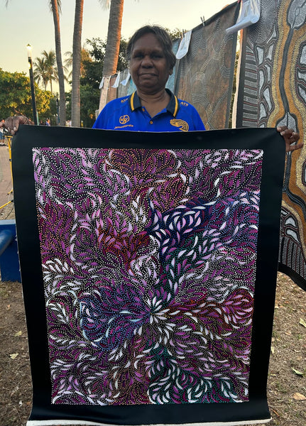 #78 Bush Medicine Leaves & Seeds (Magenta) - CAROLINE NUMINA Aboriginal Art:  73cm x 93cm