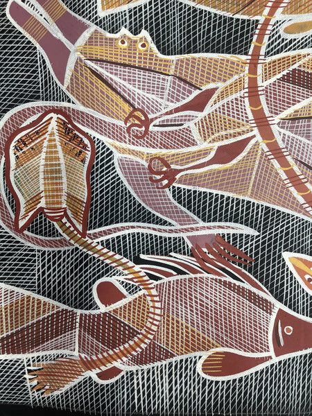#348 Gathering at the Billabong (Earth) - EDDIE BLITNER : Aboriginal Art : 143x77cm