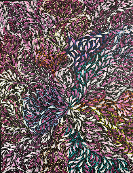 #78 Bush Medicine Leaves & Seeds (Magenta) - CAROLINE NUMINA Aboriginal Art:  73cm x 93cm