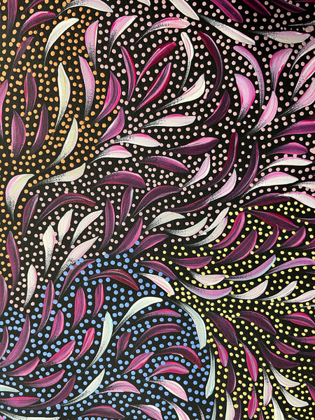 #78 Bush Medicine Leaves & Seeds (Magenta) - CAROLINE NUMINA Aboriginal Art:  73cm x 93cm