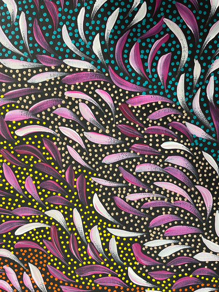 #78 Bush Medicine Leaves & Seeds (Magenta) - CAROLINE NUMINA Aboriginal Art:  73cm x 93cm
