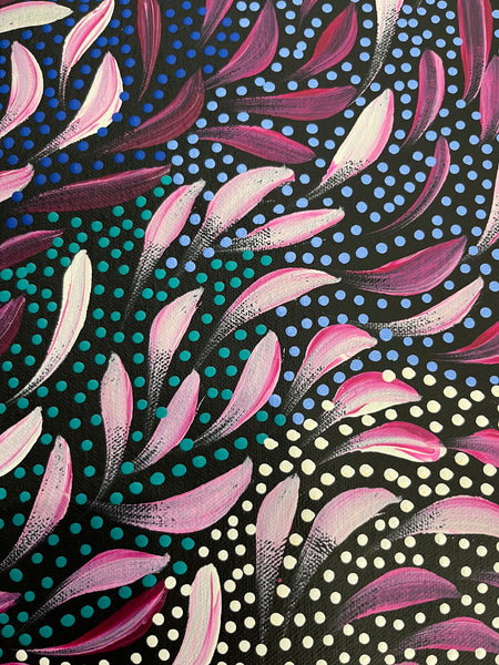 #78 Bush Medicine Leaves & Seeds (Magenta) - CAROLINE NUMINA Aboriginal Art:  73cm x 93cm