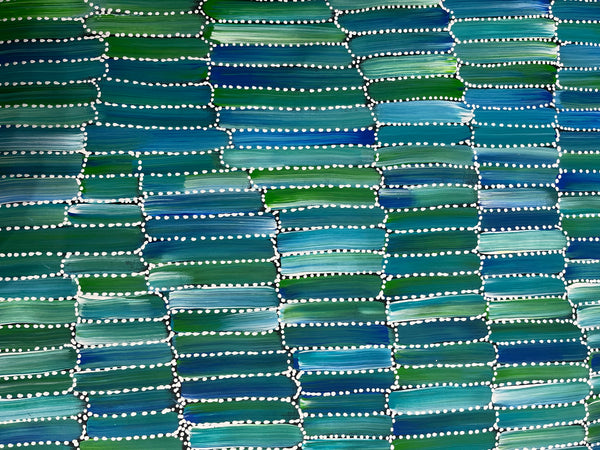 #111 Seeded Bush Yams (Aqua) - SHARON NUMINA Aboriginal Art:  71cm x 91cm