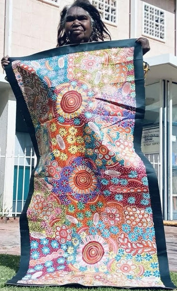 #311 Bush Tucker & Waterholes (Multi) - JUNE BIRD NGALE Aboriginal Artist: 69cm x 150cm