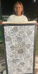 #296 Bush Medicine Leaves & Waterholes (Black/White) - CAROLINE NUMINA : Aboriginal Art: 51x97cm