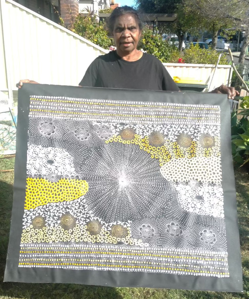 #207 Water Dreaming - Ngapa (Earth)- JANET LONG NAKAMARRA: Aboriginal Art: 77x90cm