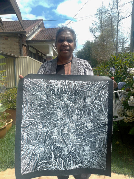 #281 Underground Water Dreaming (Black/White) - JANET LONG NAKAMARRA: Aboriginal Art: 49x48cm