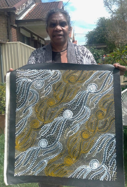 #280 Underground Water Dreaming (Earth/Yellow) - JANET LONG NAKAMARRA: Aboriginal Art: 49x46cm