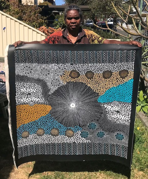 #144 Water Dreaming - Ngapa (Earth)- JANET LONG NAKAMARRA: Aboriginal Art: 91 x 96cm