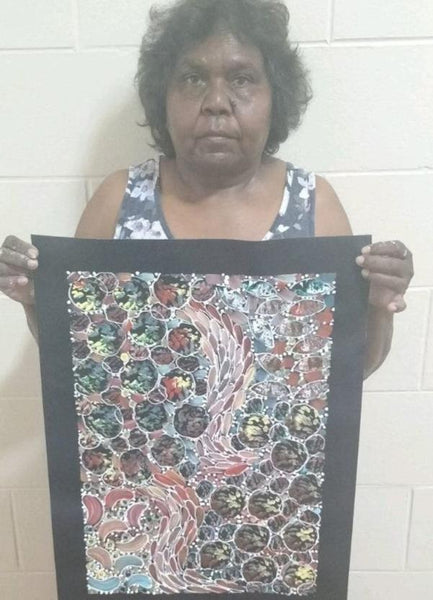 #225 Bush Yam Dreaming (Multi)- RACHAEL NAMBULA: Aboriginal Art 36 x 51 cm